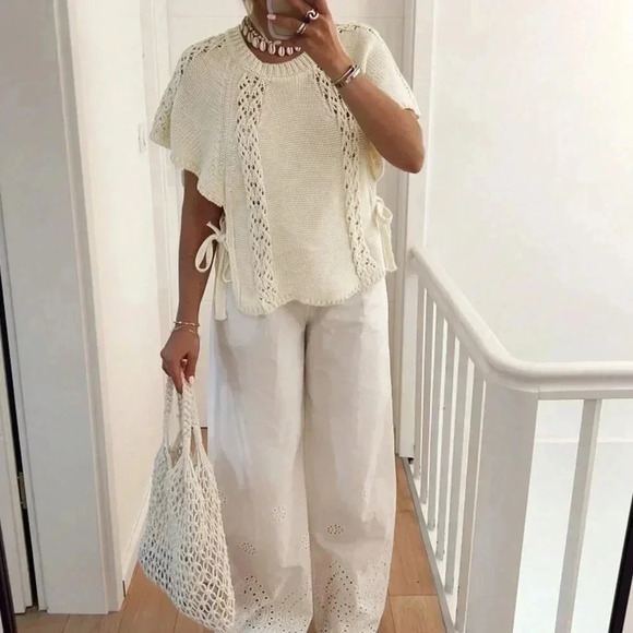 Apricot Casual Women's Side Tie Round Neck Cap Sleeve Sweater - Picture 4 of 8